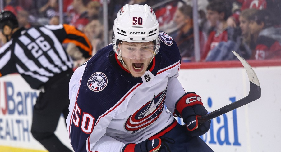 Columbus Blue Jackets left wing Eric Robinson (50) celebrates his goal against the New Jersey Devils during the first period at Prudential Center.