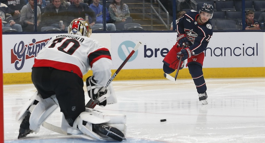 Ottawa Senators' Joonas Korpisalo makes a save on the shot from Columbus Blue Jackets' Johnny Gaudreau during the second period at Nationwide Arena.