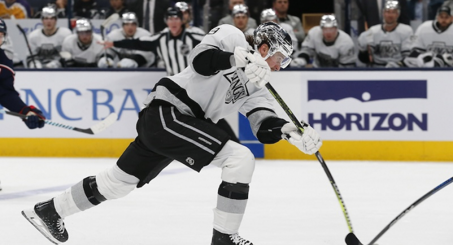 Los Angeles Kings' Adrian Kempe wrists a shot on goal against the Columbus Blue Jackets during the second period at Nationwide Arena.