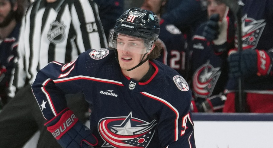 Columbus Blue Jackets center Kent Johnson (91) skates with the puck during the second period against the Ottawa Senators at Nationwide Arena.