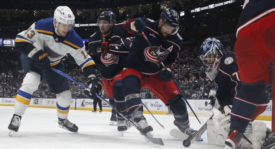 Columbus Blue Jackets' Jet Greaves makes a stick save against the St. Louis Blues during the third period at Nationwide Arena.