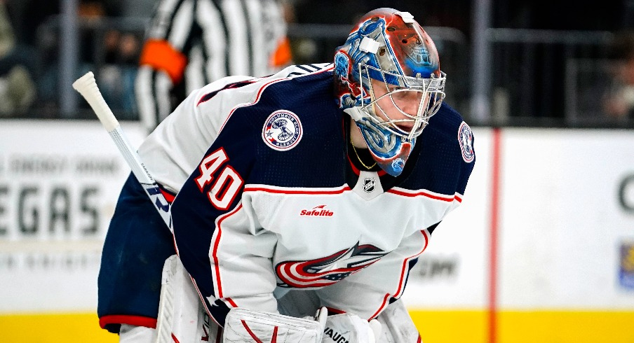 Columbus Blue Jackets goaltender Daniil Tarasov (40) plays during the second period against the Vegas Golden Knights at T-Mobile Arena.