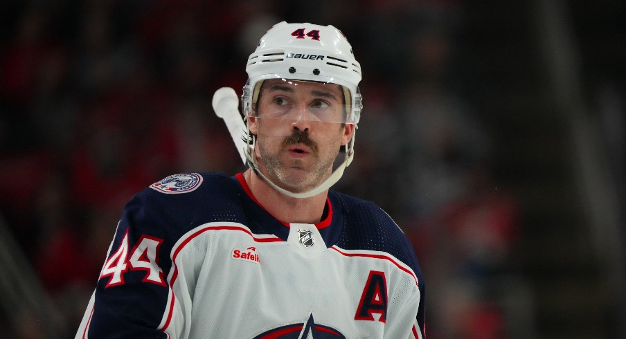 Columbus Blue Jackets defenseman Erik Gudbranson (44) looks on against the Carolina Hurricanes during the second period at PNC Arena.