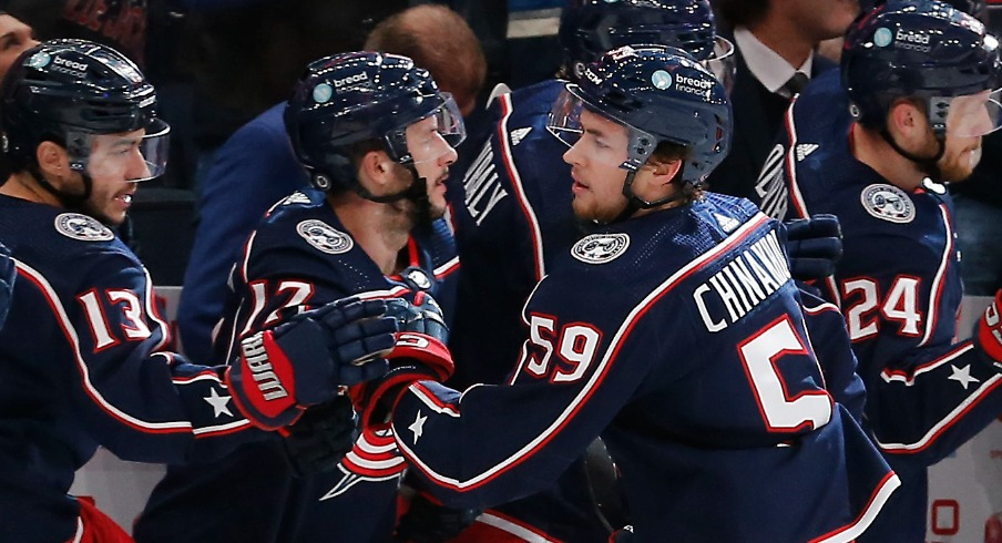 Columbus Blue Jackets right wing Yegor Chinakhov (59) celebrates his goal against the St. Louis Blues during the third period at Nationwide Arena.