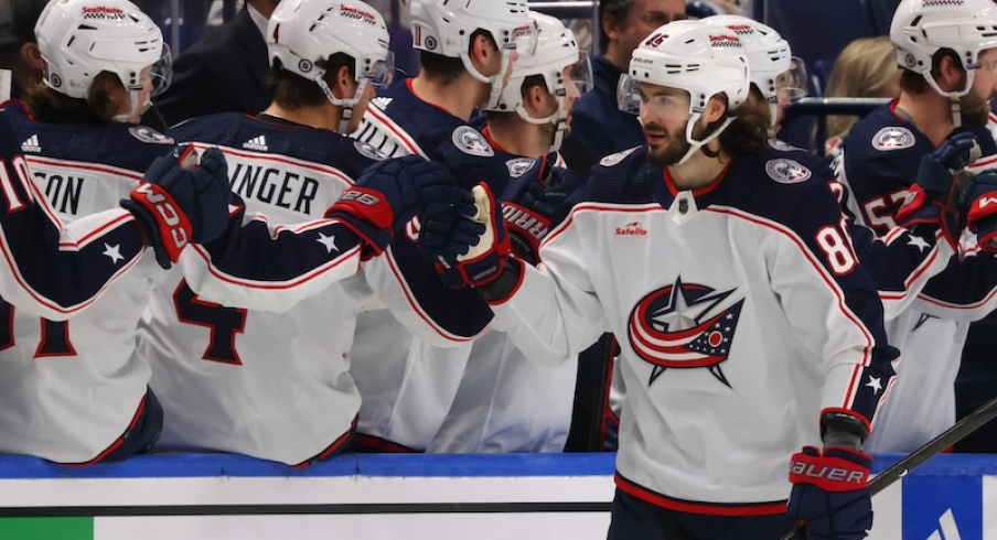 Columbus Blue Jackets' Kirill Marchenko celebrates his goal with teammates during the second period against the Buffalo Sabres at KeyBank Center.