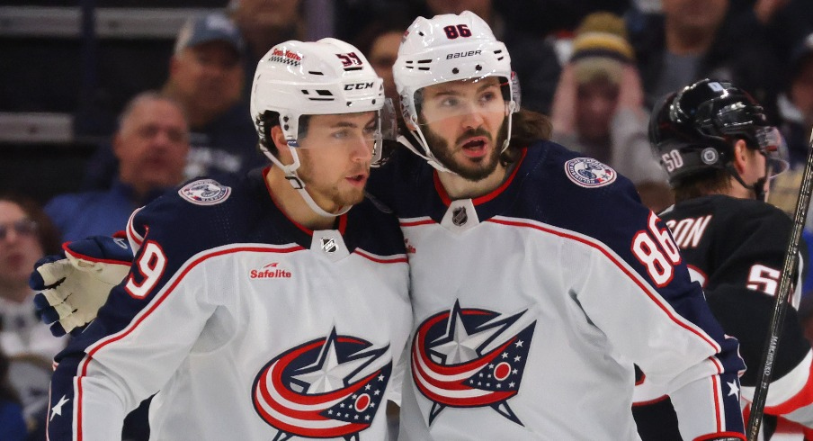 Columbus Blue Jackets right wing Kirill Marchenko (86) celebrates his goal with teammates during the second period against the Buffalo Sabres at KeyBank Center.