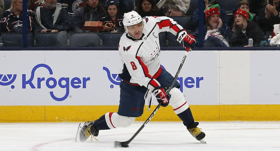 Washington Capitals' Alex Ovechkin shoots against the Columbus Blue Jackets during the second period at Nationwide Arena.