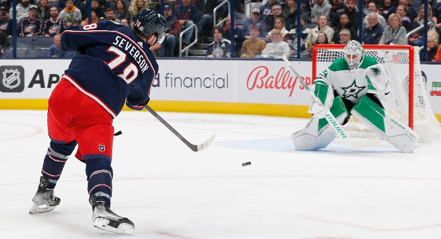 Columbus Blue Jackets defenseman Damon Severson (78) fires a shot Dallas Stars goalie Jake Oettinger (29) during the first period at Nationwide Arena.