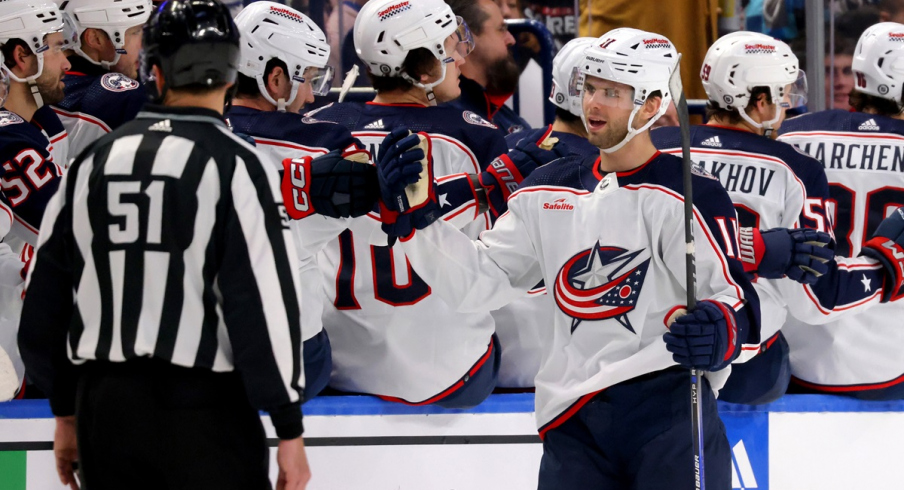 Columbus Blue Jackets center Adam Fantilli celebrates his goal with teammates