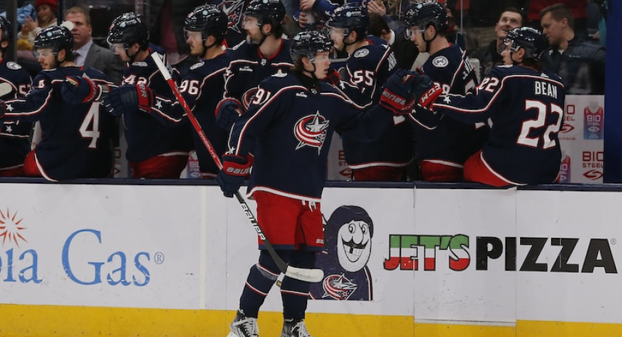 Columbus Blue Jackets' Kent Johnson celebrates his goal against the Boston Bruins during the second period at Nationwide Arena.