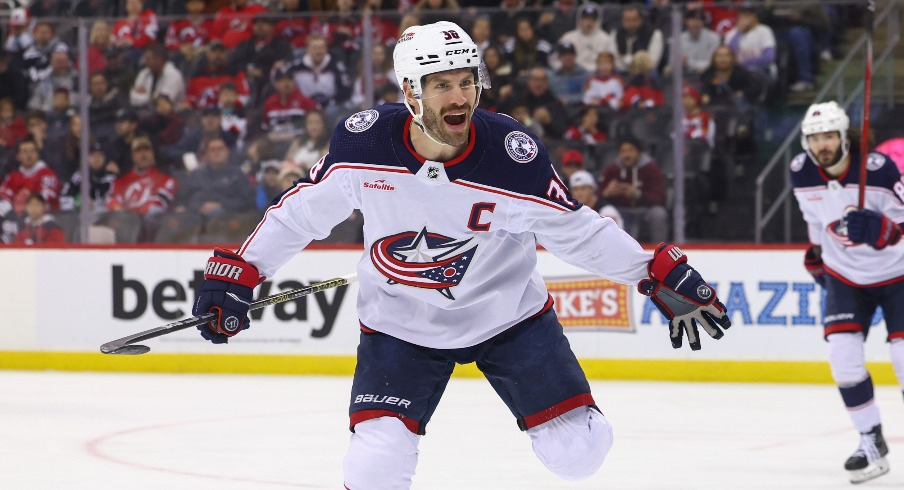 Columbus Blue Jackets center Boone Jenner (38) celebrates his goal against the New Jersey Devils during the first period at Prudential Center.