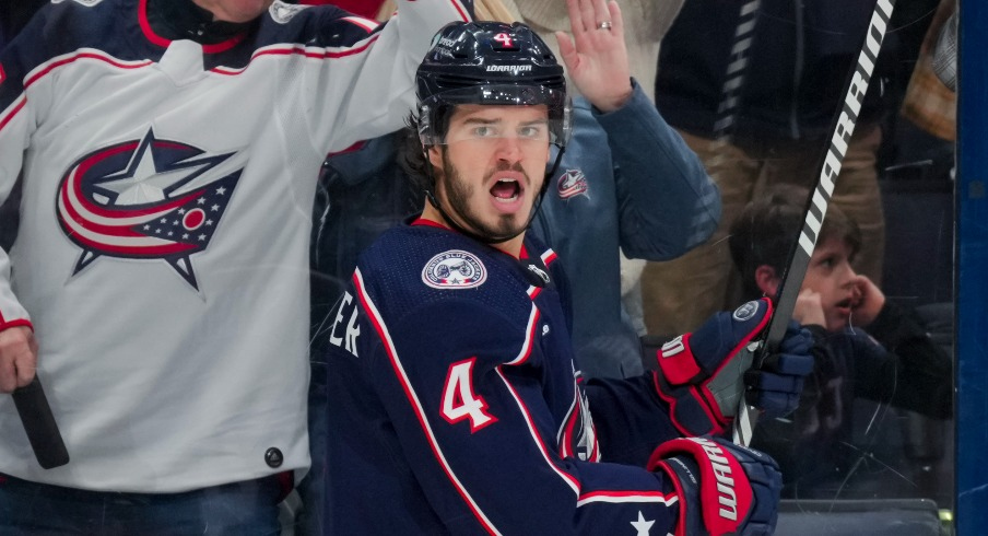 Columbus Blue Jackets center Cole Sillinger (4) celebrates after scoring a goal against the Minnesota Wild in the first period at Nationwide Arena.