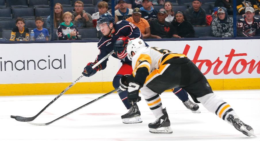 Columbus Blue Jackets right wing Jordan Dumais (69) scores the game winner in overtime against the Pittsburgh Penguins at Nationwide Arena.