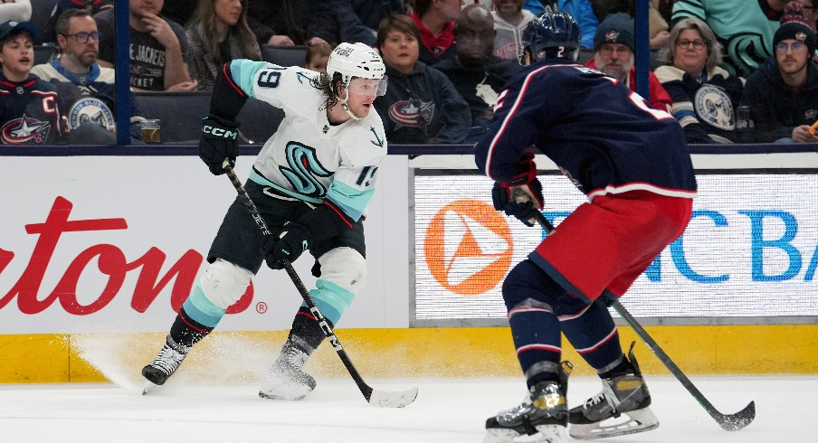 Seattle Kraken left wing Jared McCann (19) controls the puck during the second period against the Columbus Blue Jackets at Nationwide Arena.