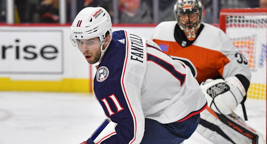 Columbus Blue Jackets center Adam Fantilli (11) against the Philadelphia Flyers at Wells Fargo Center.