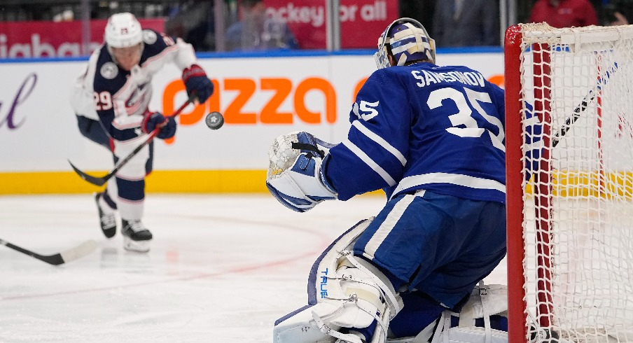 Toronto Maple Leafs goaltender Ilya Samsonov (35) watches a puck shot by Columbus Blue Jackets forward Patrik Laine (29) during the second period at Scotiabank Arena.