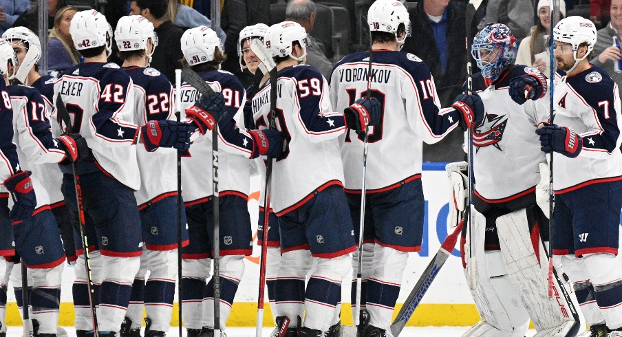 Columbus Blue Jackets goaltender Elvis Merzlikins (90) is congratulated by teammates after a shutout victory over the St. Louis Blues at Enterprise Center.