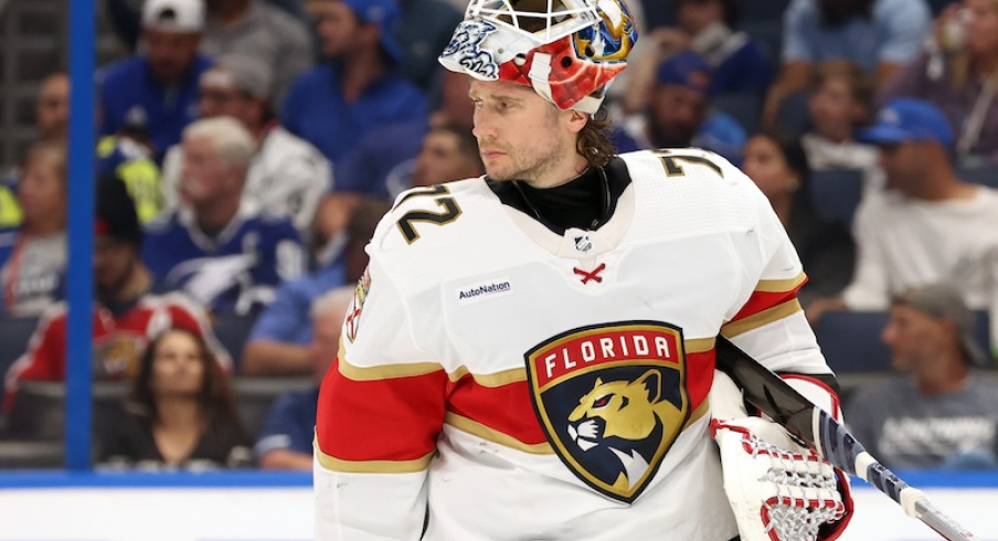 Florida Panthers goaltender Sergei Bobrovsky (72) looks on against the Tampa Bay Lightning during the third period in game three of the first round of the 2024 Stanley Cup Playoffs at Amalie Arena.