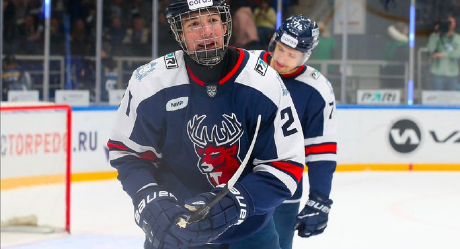 Anton Silayev celebrates a goal in the KHL