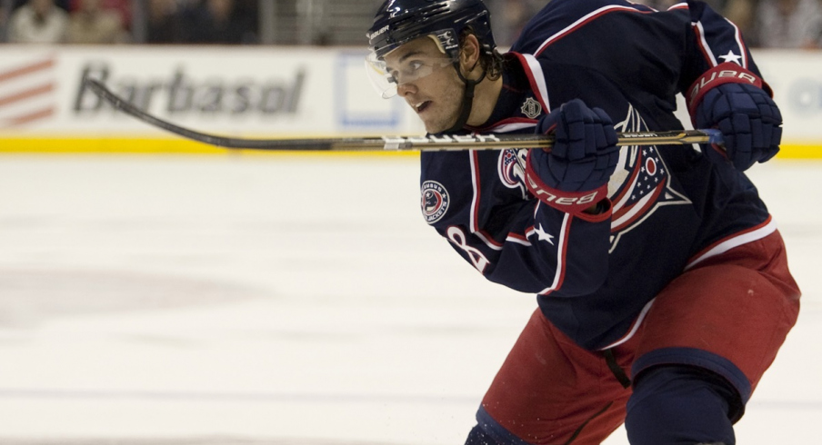 Columbus Blue Jackets forward Nikita Filatov fires a shot