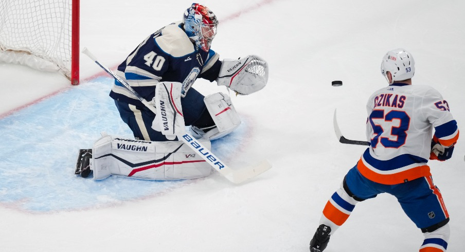 Columbus Blue Jackets goaltender Daniil Tarasov (40) makes a save in net against New York Islanders center Casey Cizikas (53) in the first period at Nationwide Arena.