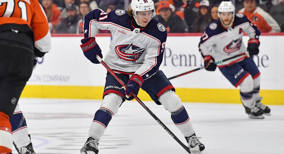 Columbus Blue Jackets center Kent Johnson (91) against the Philadelphia Flyers at Wells Fargo Center.