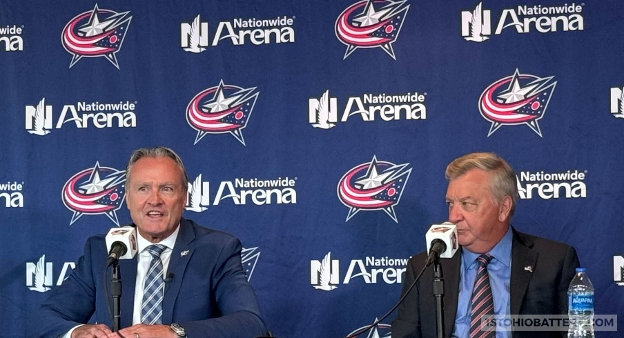 Columbus Blue Jackets head coach Dean Evason at his introductory press conference alongside president and general manager Don Waddell on Tuesday, July 23.