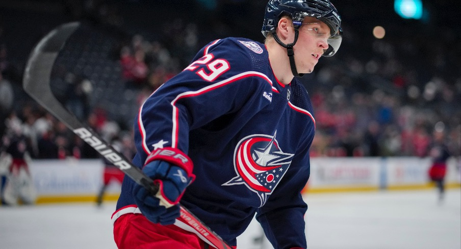 Columbus Blue Jackets right wing Patrik Laine skates during warmups before a game against the Montreal Canadiens at Nationwide Arena.