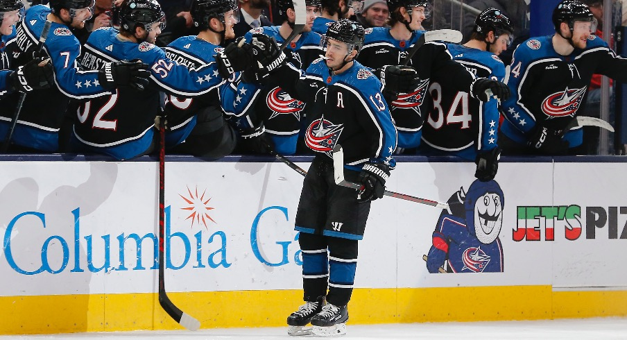 Columbus Blue Jackets left wing Johnny Gaudreau (13) celebrates his goal against the Washington Capitals during the third period at Nationwide Arena.