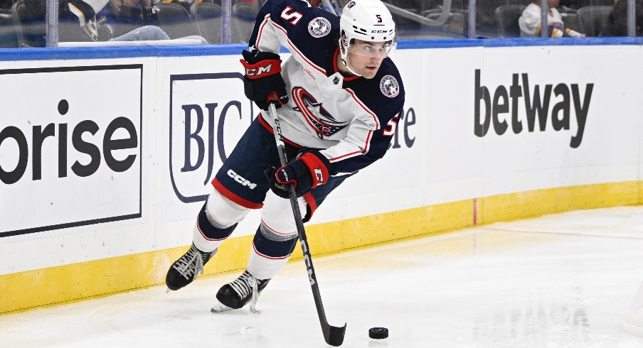 Columbus Blue Jackets defenseman Denton Mateychuk (5) skates against the St. Louis Blues during the second period at Enterprise Center.