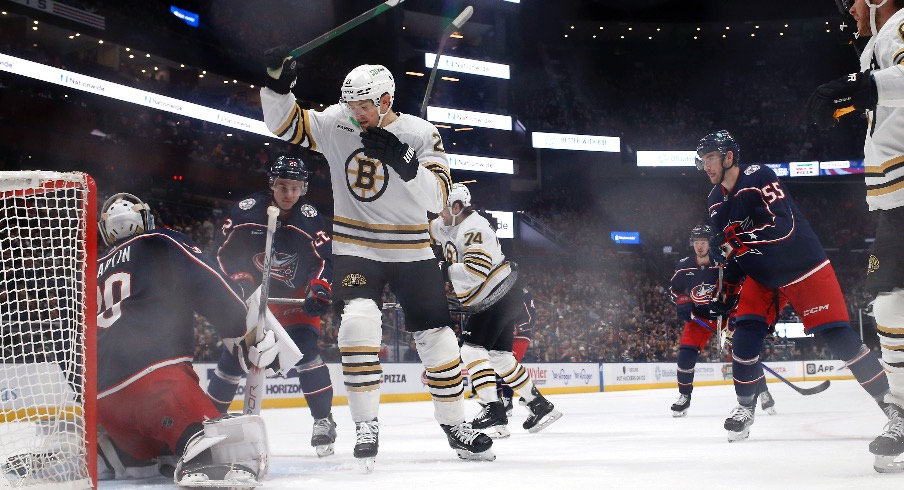 Boston Bruins left wing James van Riemsdyk (21) celebrates his goal against the Columbus Blue Jackets during the second period at Nationwide Arena.