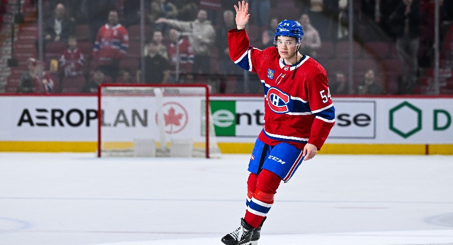 Montreal Canadiens defenseman Jordan Harris (54) second star of the game salutes the crowd after the end of the game against the Arizona Coyotes at Bell Centre.