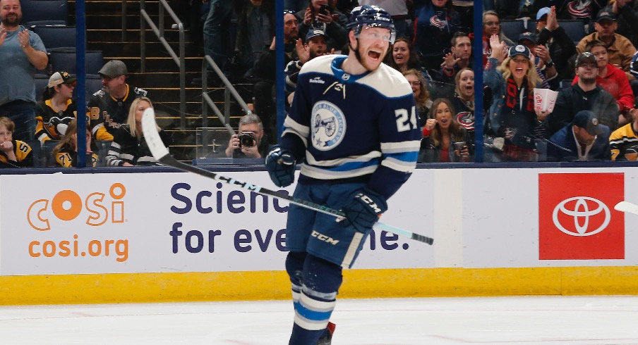 Columbus Blue Jackets right wing Mathieu Olivier (24) celebrates his goal against the Pittsburgh Penguins during the first period at Nationwide Arena.