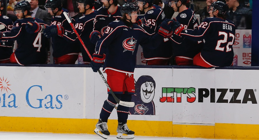 Columbus Blue Jackets left wing Kent Johnson (91) celebrates his goal against the Boston Bruins during the second period at Nationwide Arena.