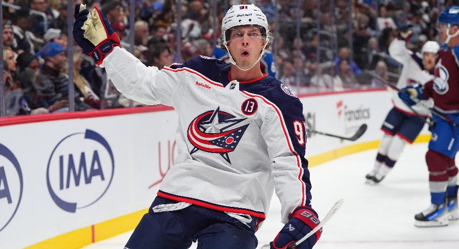 Columbus Blue Jackets center Kent Johnson (91) celebrates his goal scored in the first period against the Colorado Avalanche at Ball Arena.