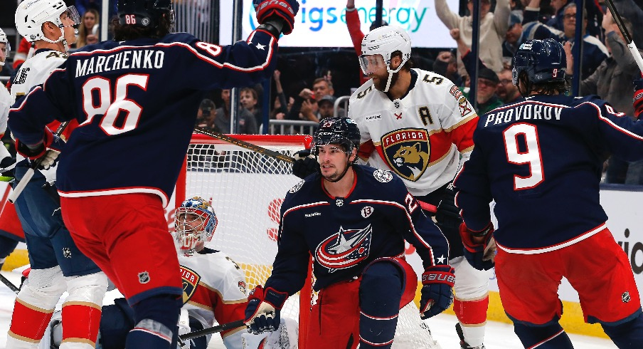 Columbus Blue Jackets center Sean Monahan (23) celebrates his goal against the Florida Panthers during the second period at Nationwide Arena.