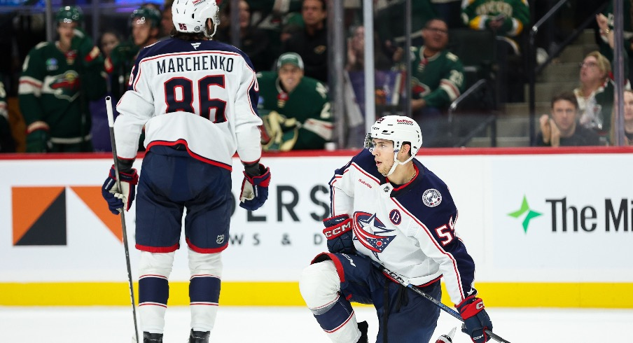 Columbus Blue Jackets right wing Yegor Chinakhov (59) reacts during the third period against the Minnesota Wild at Xcel Energy Center.