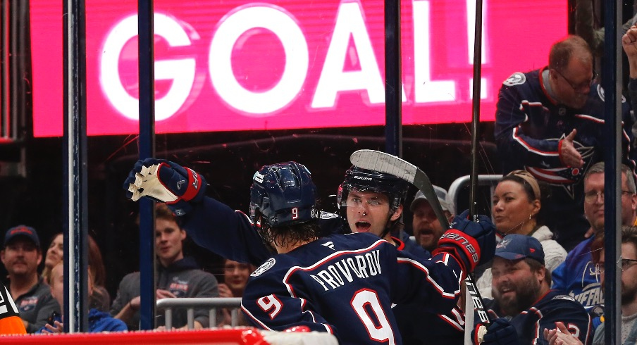 Columbus Blue Jackets center Adam Fantilli (19) celebrates his goal against the Buffalo Sabres during the second period at Nationwide Arena.