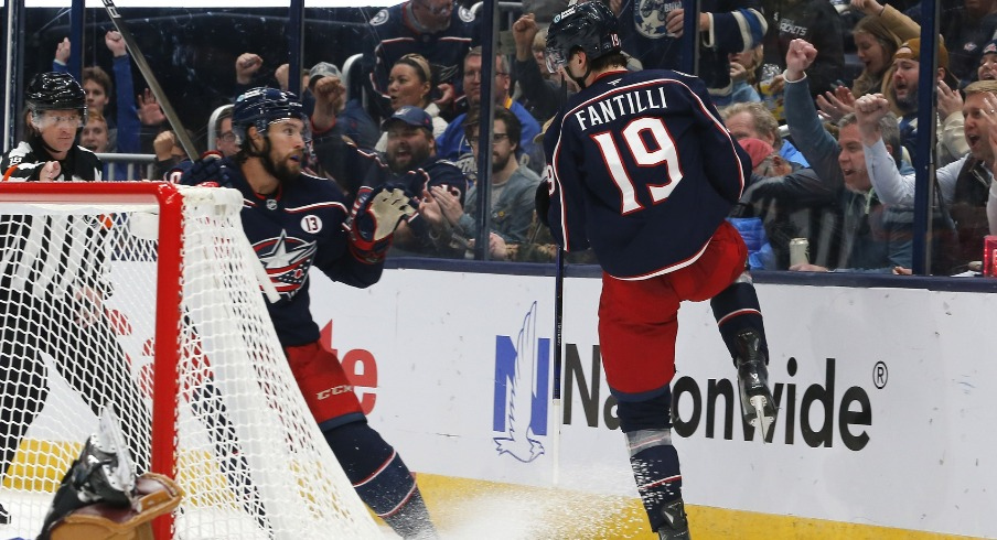 The Columbus Blue Jackets scored six goals Thursday night for the second time in three games, this time giving them their first home win of the season in a 6-4 victory over the Buffalo Sabres. 