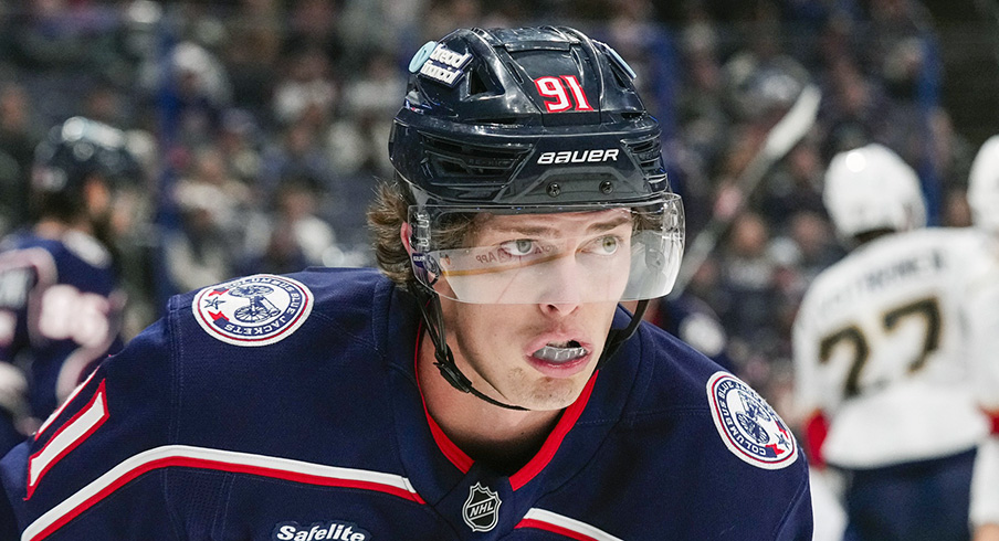 Kent Johnson was injured in the second period of Thursday night's game against the Buffalo Sabres