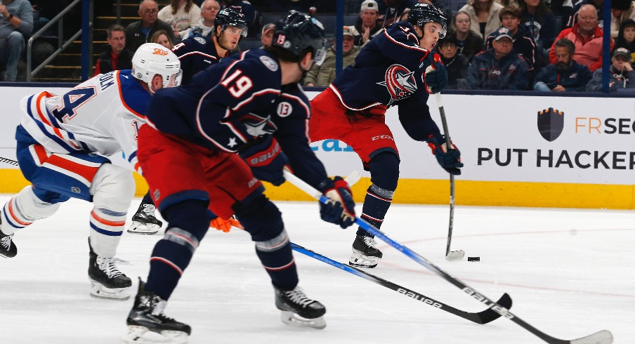 Columbus Blue Jackets left wing Mikael Pyyhtia (82) wrists a shot on goal against the Edmonton Oilers during the second period at Nationwide Arena.