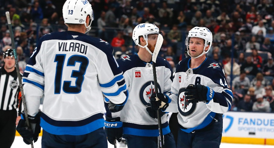 Winnipeg Jets defenseman Josh Morrissey (44) celebrates his goal against the Columbus Blue Jackets during the third period at Nationwide Arena.