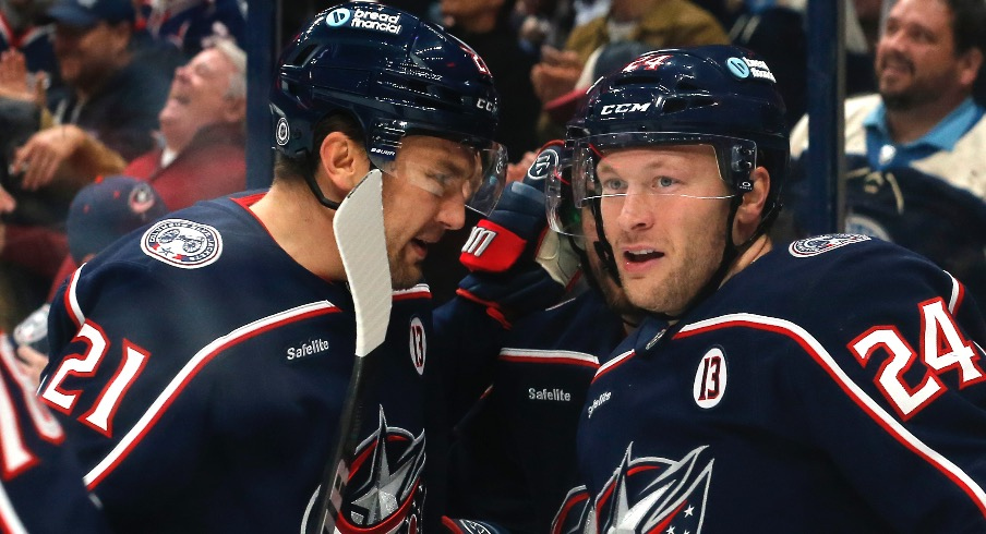 Columbus Blue Jackets center Mathieu Olivier (24) celebrates his goal against the Edmonton Oilers during the second period at Nationwide Arena.