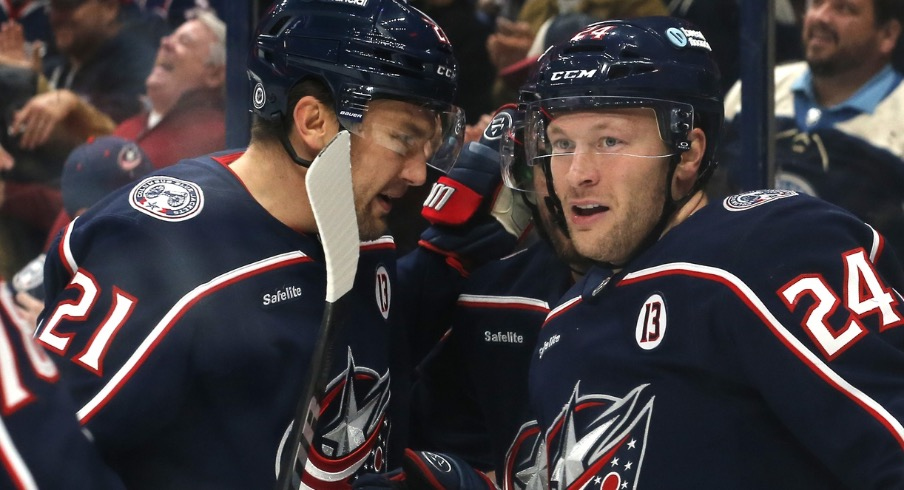 Columbus Blue Jackets center Mathieu Olivier (24) celebrates his goal against the Edmonton Oilers during the second period at Nationwide Arena.