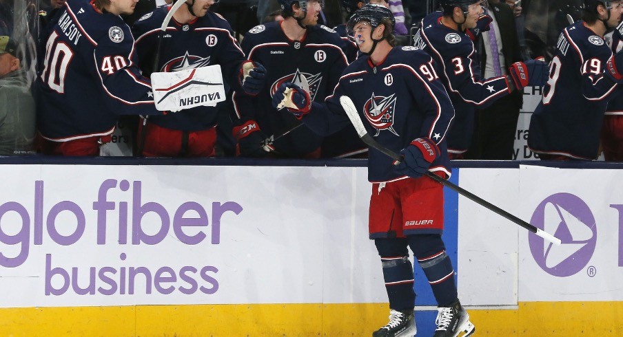 Columbus Blue Jackets center Kent Johnson (91) celebrates his goal against the Tampa Bay Lightning during the third period at Nationwide Arena.