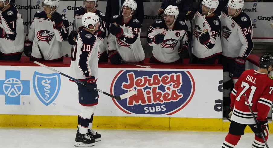 Columbus Blue Jackets left wing Dmitri Voronkov (10) celebrates his goal against the Chicago Blackhawks during the third period at United Center.