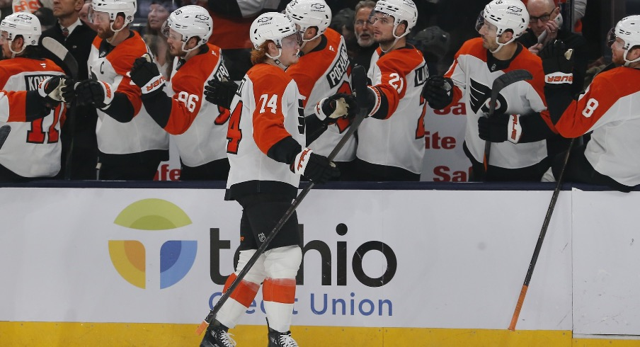 Philadelphia Flyers right wing Owen Tippett (74) celebrates his goal against the Columbus Blue Jackets during the first period at Nationwide Arena.