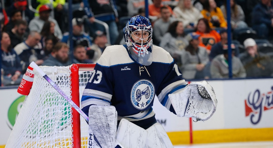 Columbus Blue Jackets goalie Jet Greaves (73) during the third period against the Philadelphia Flyers at Nationwide Arena.