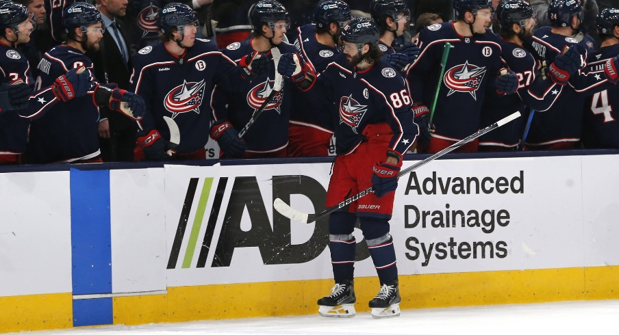 Columbus Blue Jackets right wing Kirill Marchenko (86) celebrates his goal against the Montreal Canadiens during the third period at Nationwide Arena.