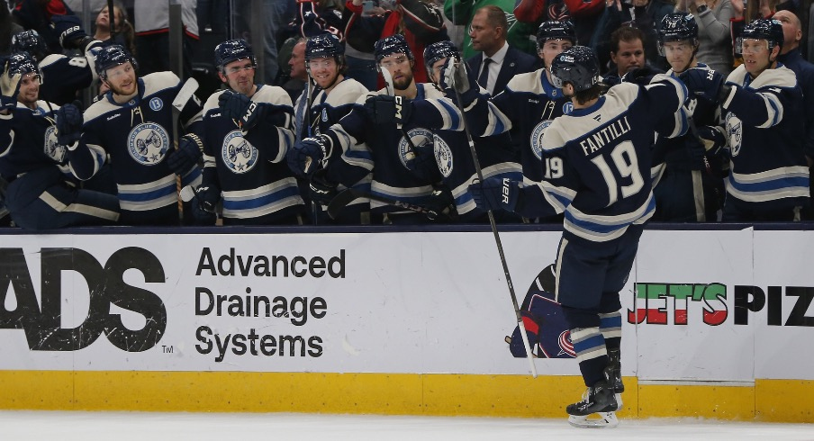 Columbus Blue Jackets center Adam Fantilli (19) celebrates his shootout game winning goal during the shootout against the Carolina Hurricanes at Nationwide Arena.